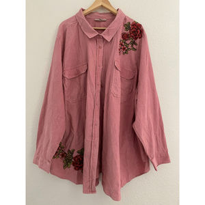 Woman Within 4X Shacket Corduroy Red Button Down Floral Embroidered